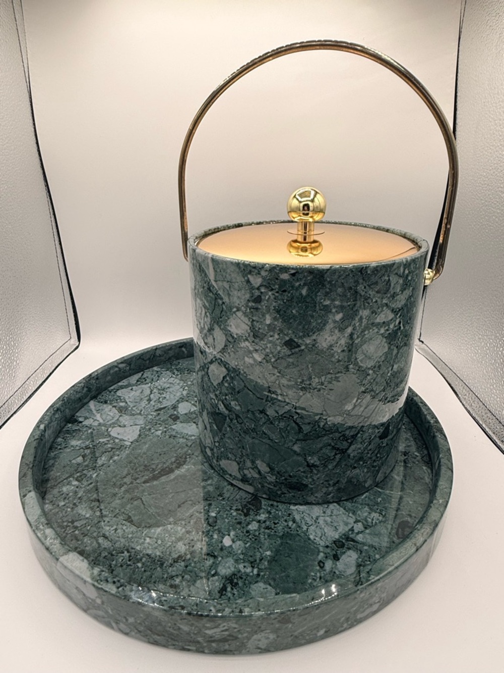 Vintage Kraftware faux green marble tray & ice bucket with brass hardware